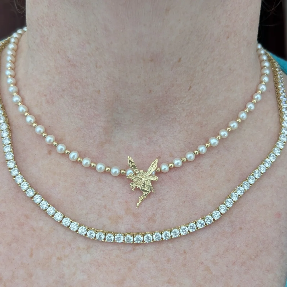 14k Yellow Gold Beaded Pearl Necklace With Fairy Pendant - Picture 15 of 15